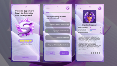 Screen sequence of a superhero quiz app showing a welcome screen, a question on leisure time preferences, and a superhero result called Empathic Imagineer with description and ratings.