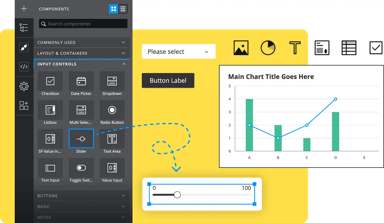 UI design interface showing a components panel with input controls like checkbox, date picker, dropdown, slider, and a chart preview with a slider control being dragged to the design area.