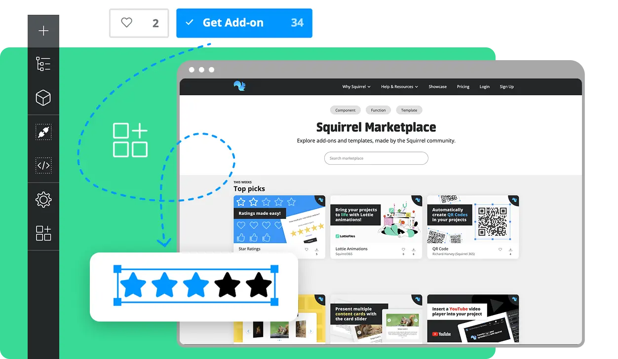 Screenshot of Squirrel Marketplace web page showing add-ons including star ratings, Lottie animations, QR code generator, and YouTube video integration.