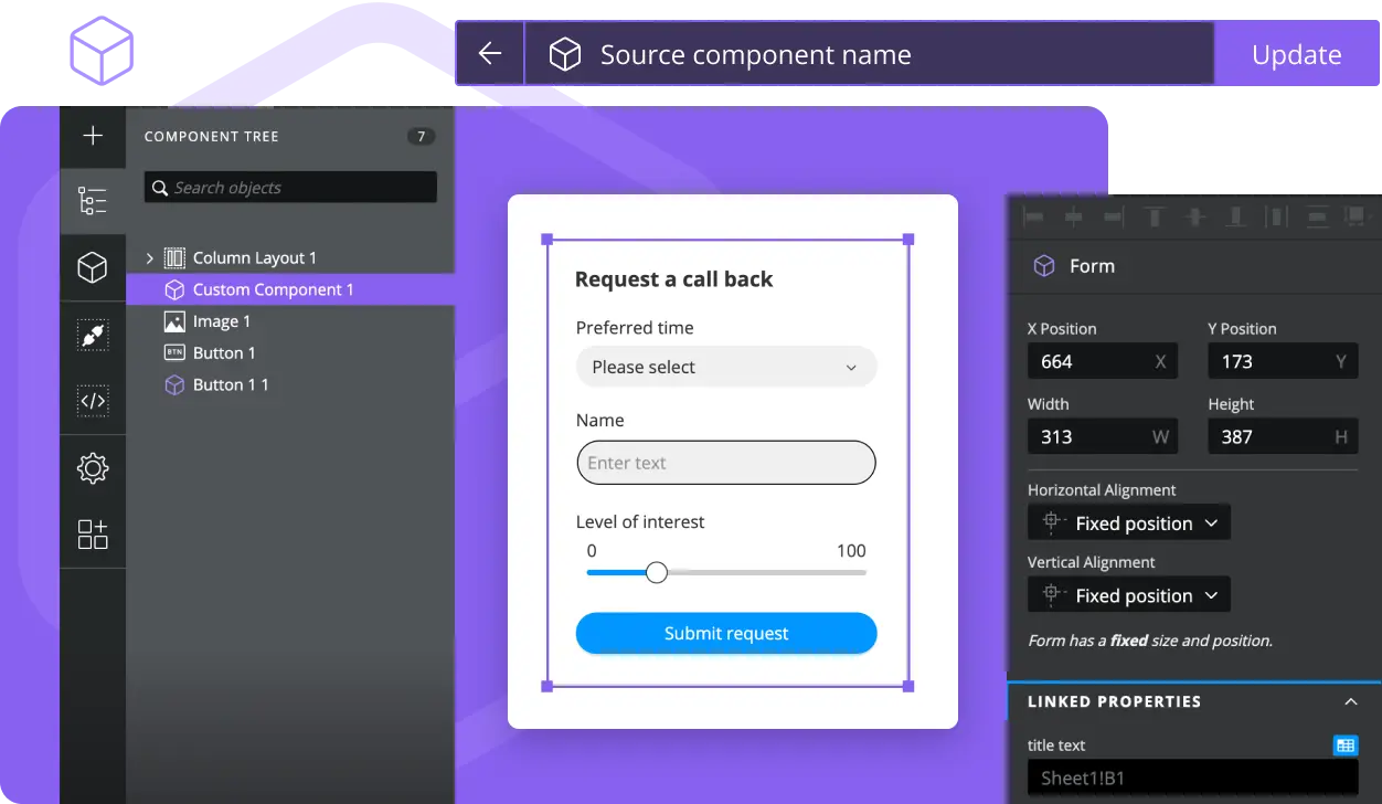 User interface for customizing a call back request form with fields for preferred time, name, and interest level slider, plus submit button.