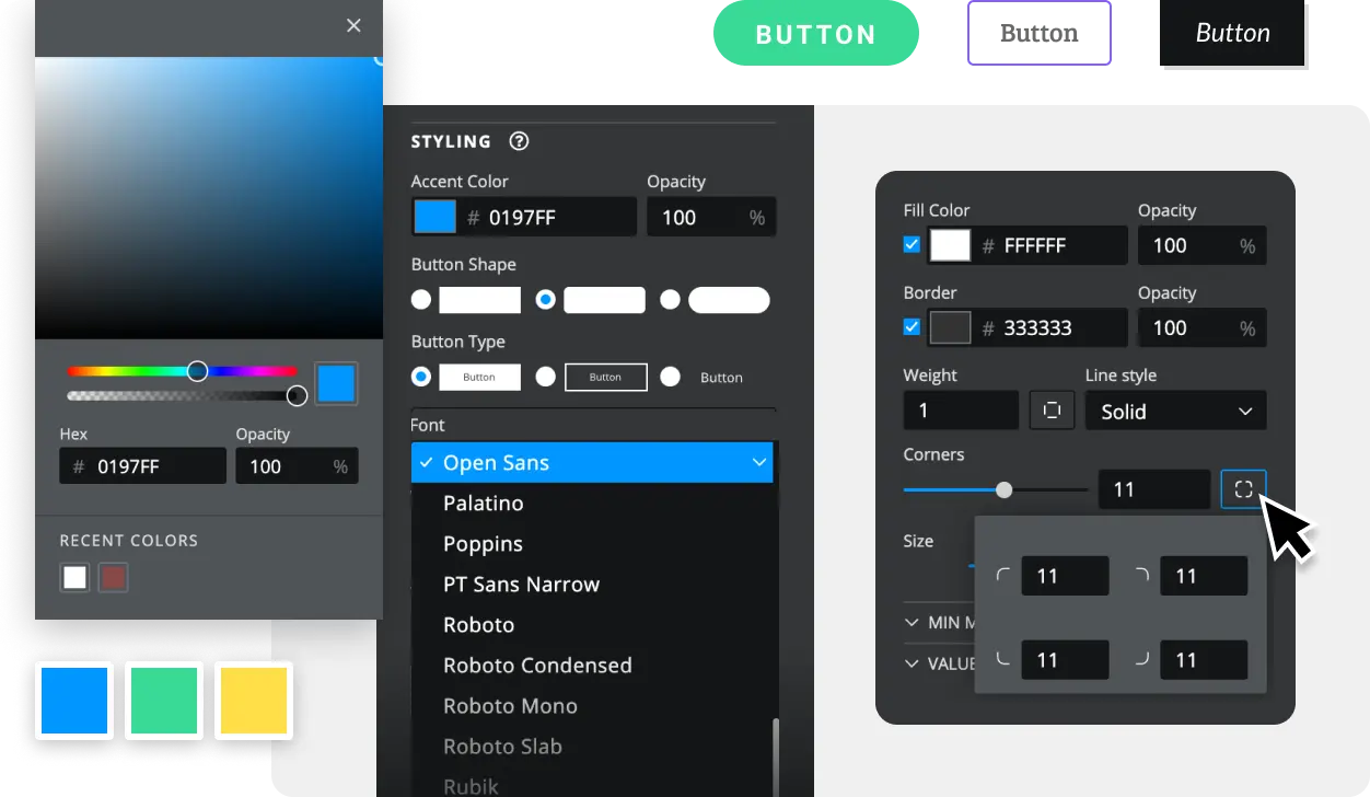 User interface of a styling panel showing color picker with hex code #0197FF, button shape and type options, font selection dropdown with Open Sans selected, and controls for fill color, border, weight, line style, and corner radius settings.
