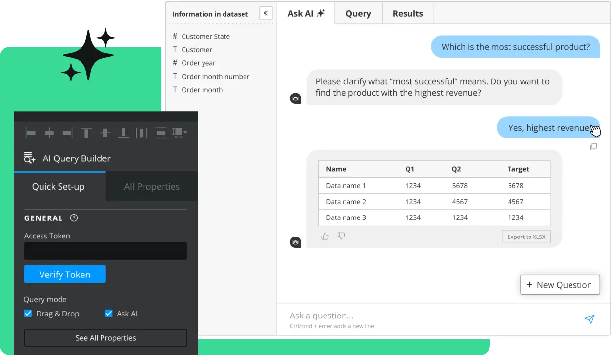 AI Query Builder interface showing dataset information, a chat asking which product is most successful, clarifying highest revenue, and a table with data names and quarterly values.