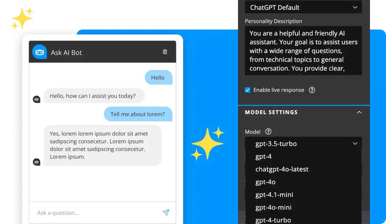 Chat interface with AI bot showing a conversation about lorem ipsum text and a settings panel for selecting AI model versions like gpt-3.5-turbo and gpt-4.
