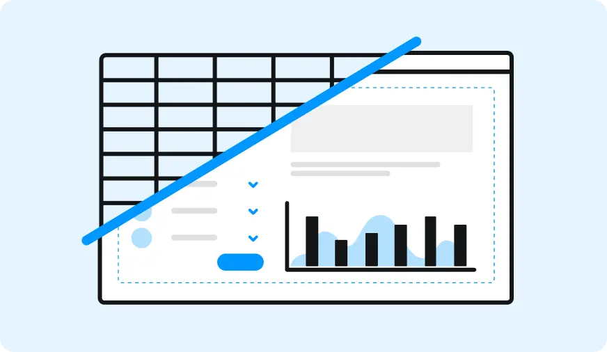 Illustration showing a spreadsheet transforming into a dashboard with graphs and checklists.
