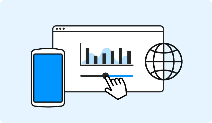 Blue vector graphic showing mobile and desktop interface