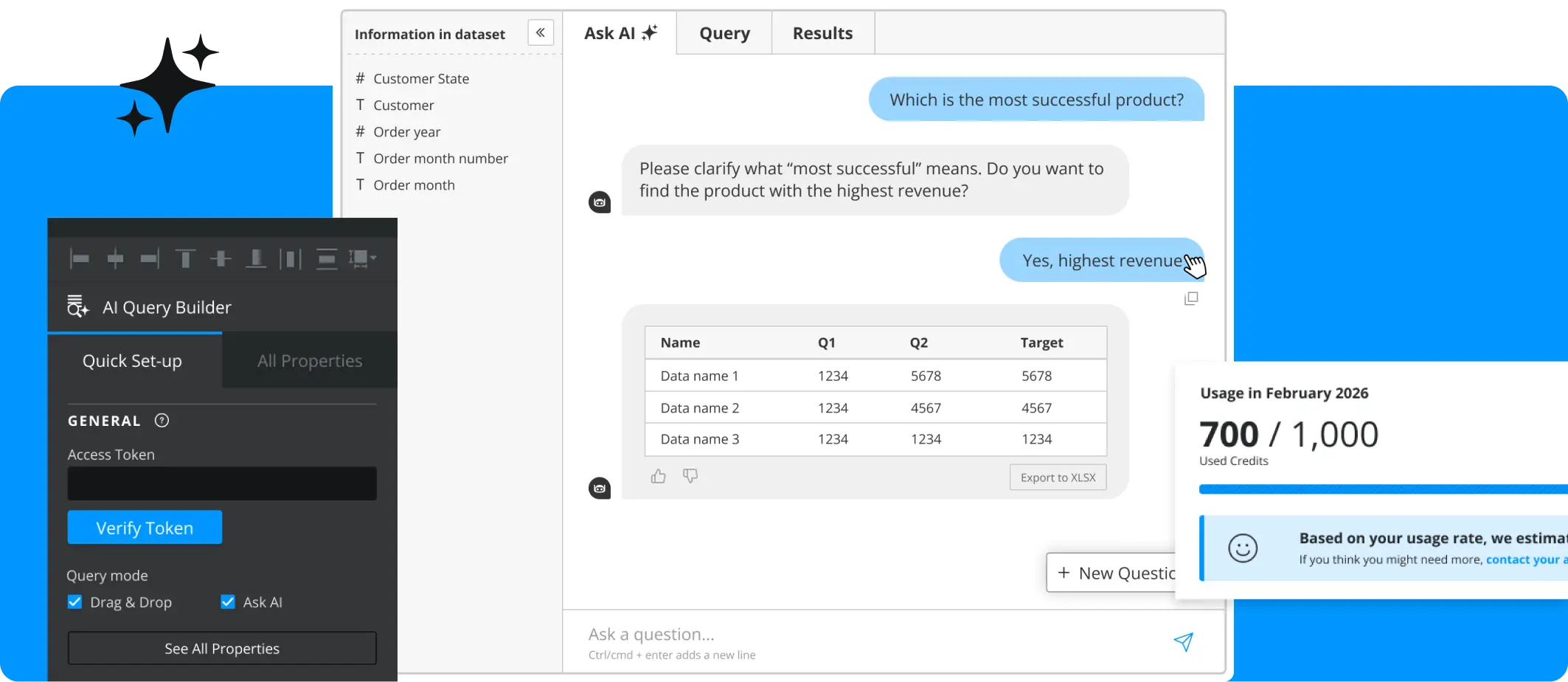 AI Query Builder interface showing a chat to find the product with highest revenue and a data table of results.