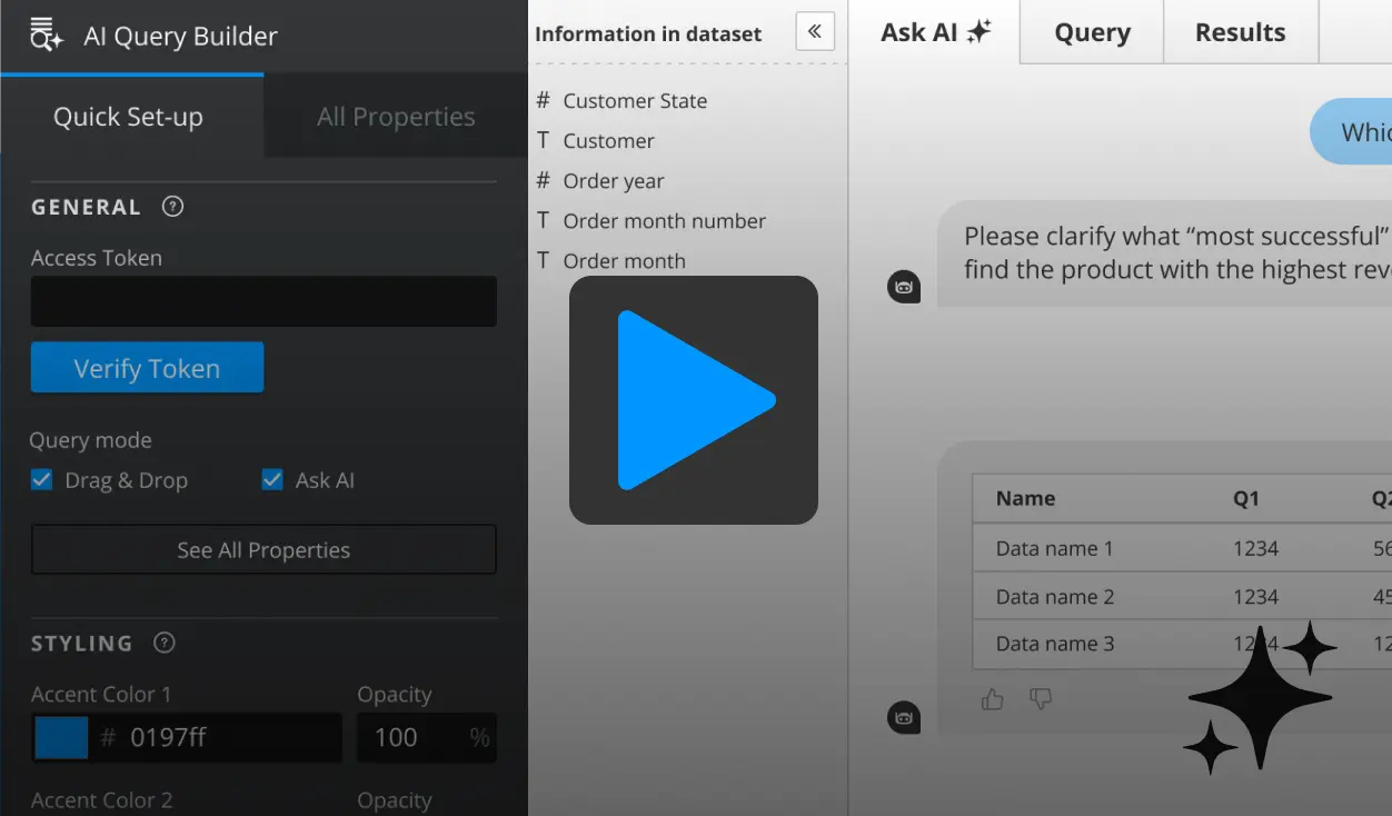 AI Query Builder interface showing token verification, dataset info, and AI chat query example.