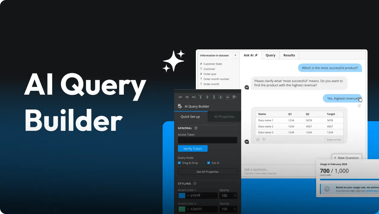 AI Query Builder interface showing token verification, dataset info, and AI chat query example.