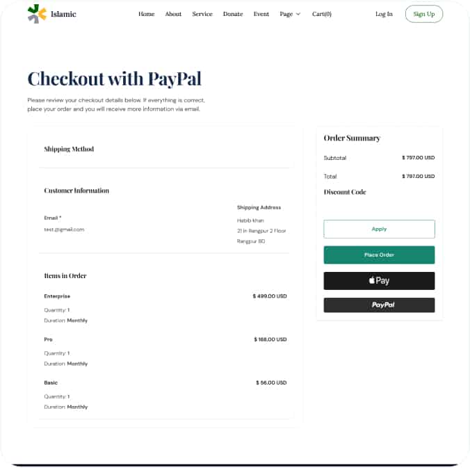 AirIslamic Template Checkout with PayPal Page Image