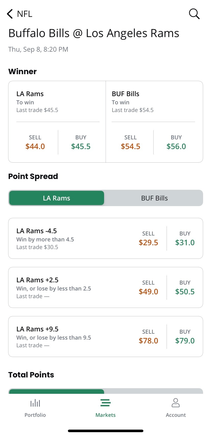 Sporttrade market screen