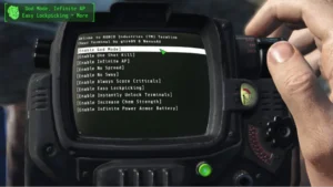 "God mode" enabled in the game Fallout 4.