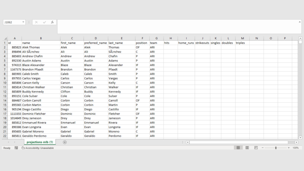An excel template for MLB projections