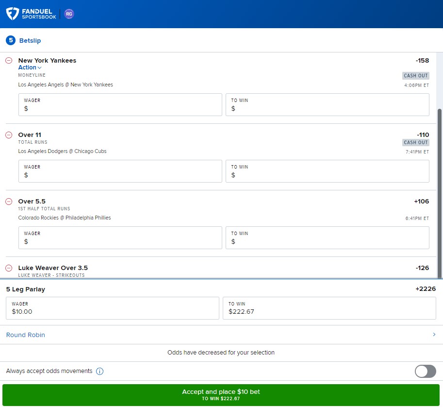 A parlay ticket at FanDuel