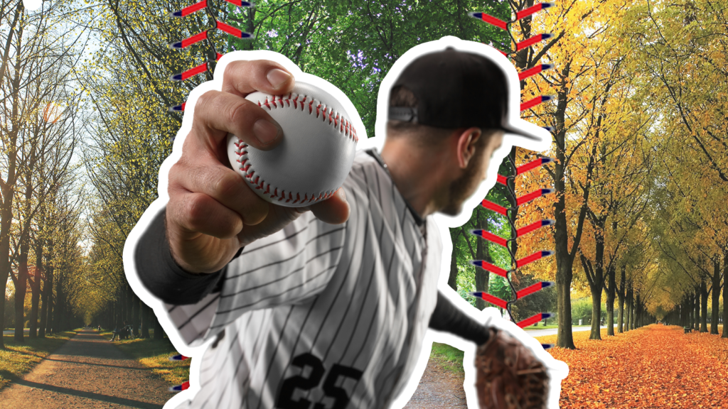 a pitcher throwing in front of a 3-season tableau, indicating changes in MLB betting