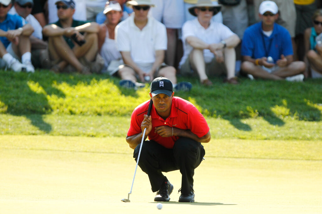 Taking Tiger Woods, here lining up a putt, at a short price may be a mistake when betting on The Masters