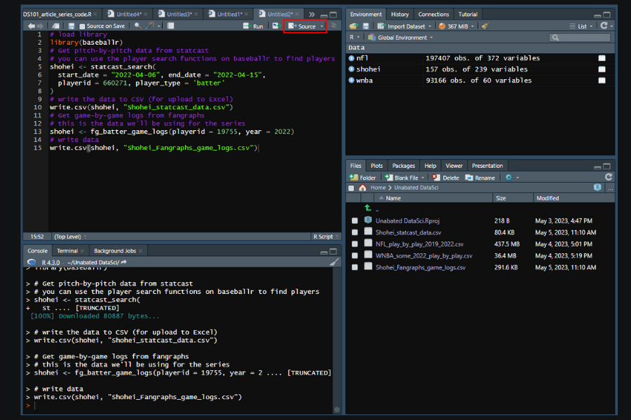 Completed script in RStudio for sports betting data