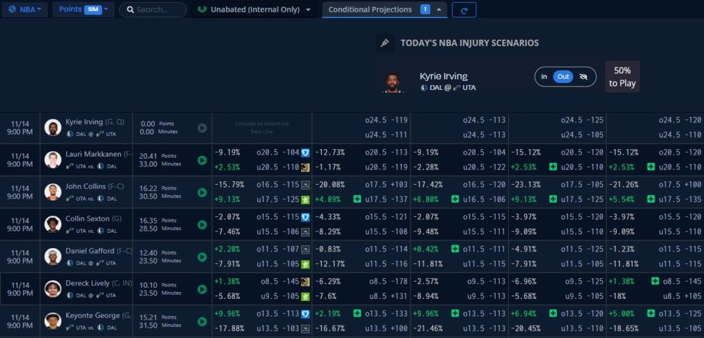 A screen of player projections if a teammate is out of the game