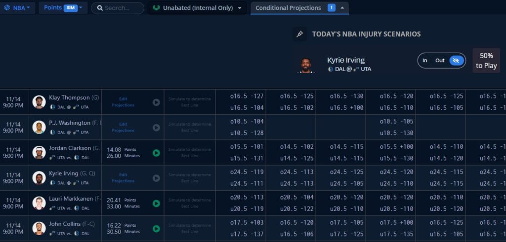 A screen of player projections if a teammate is 50/50 to play in the game