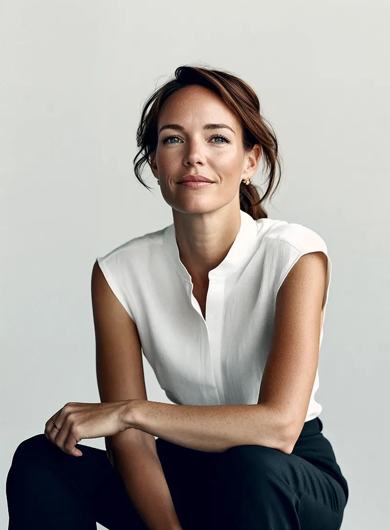 A woman in a white shirt and black pants.