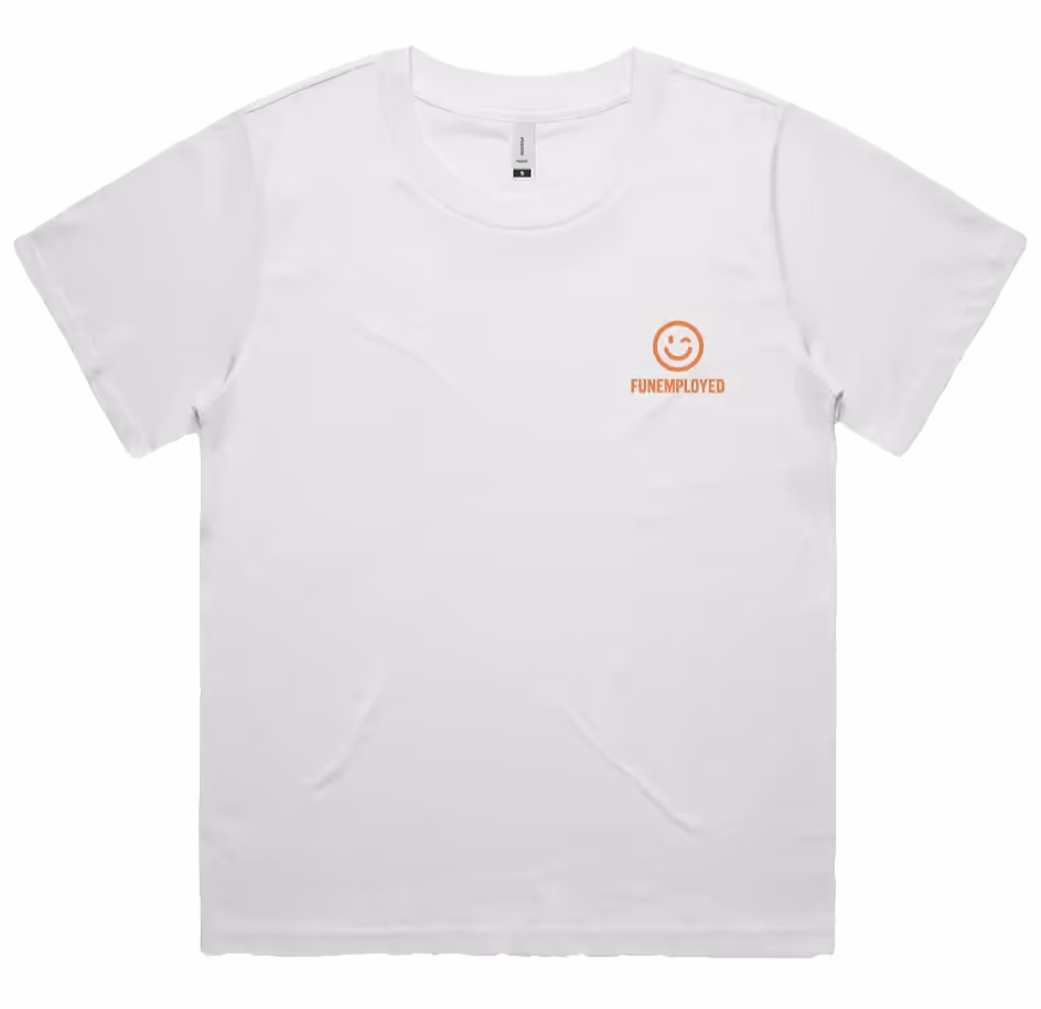 A white tee shirt with an orange logo