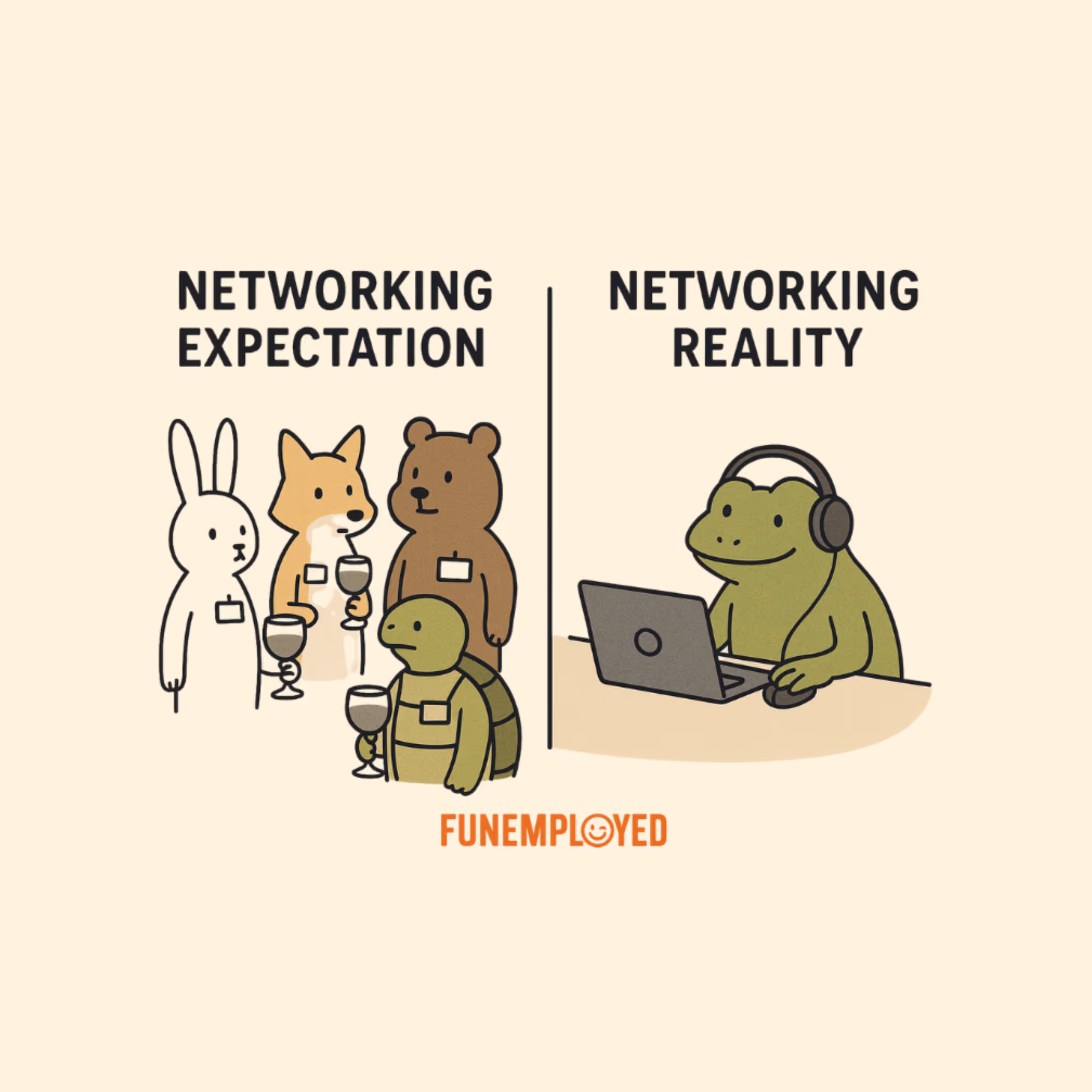 A rabbit, fox, bear, and turtle holding wine glasses; a frog with headphones working on a laptop