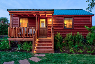 Cozy cabin rental in Austin Texas with porch and warm lighting