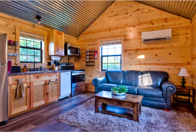 Rustic cabin interior in Austin with kitchen, sofa and modern amenities