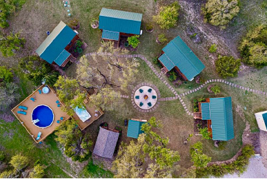 Aerial view of cabin rentals in Austin Texas surrounded by nature