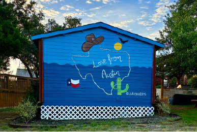 Photo backdrop mural at Austin Texas cabins for events and celebrations