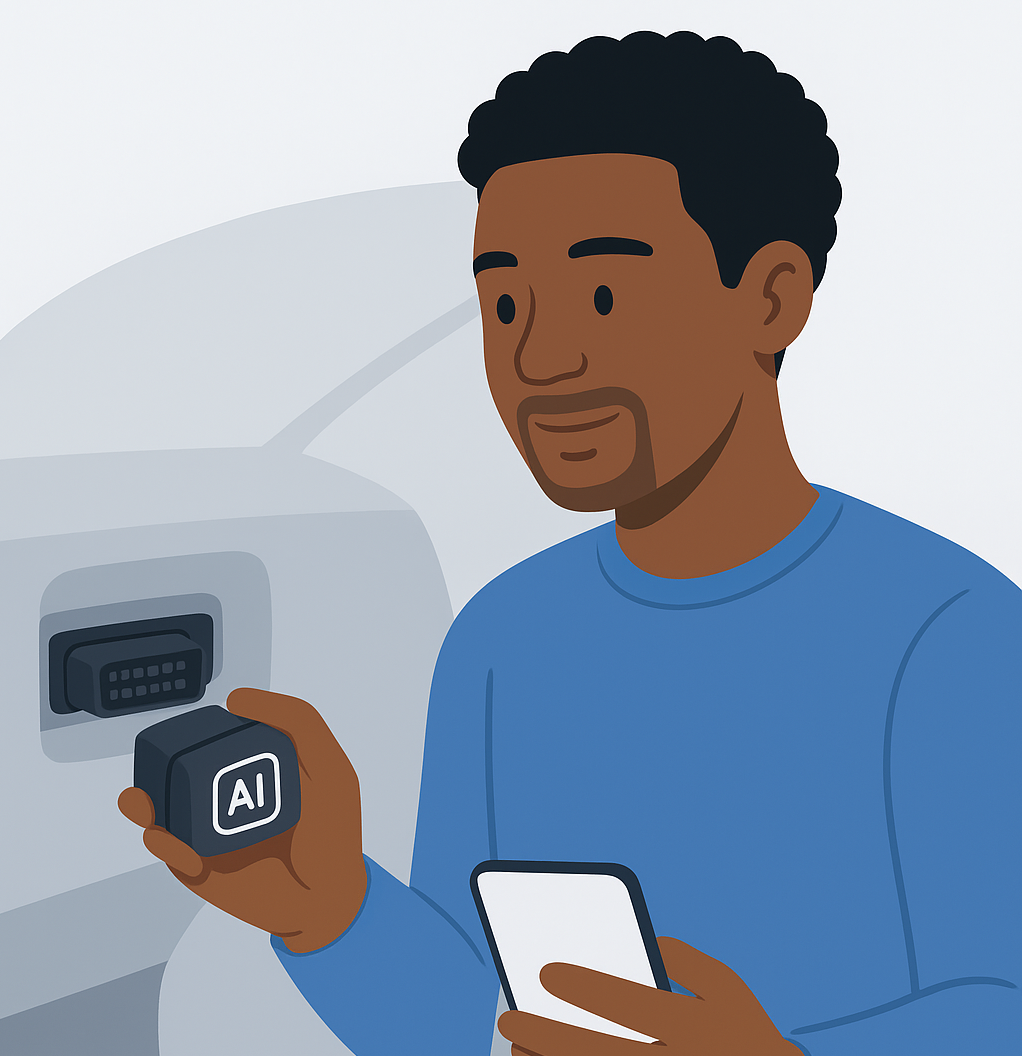 Driver installing CarMind AI car scanner into OBD2 port while checking results on smartphone.