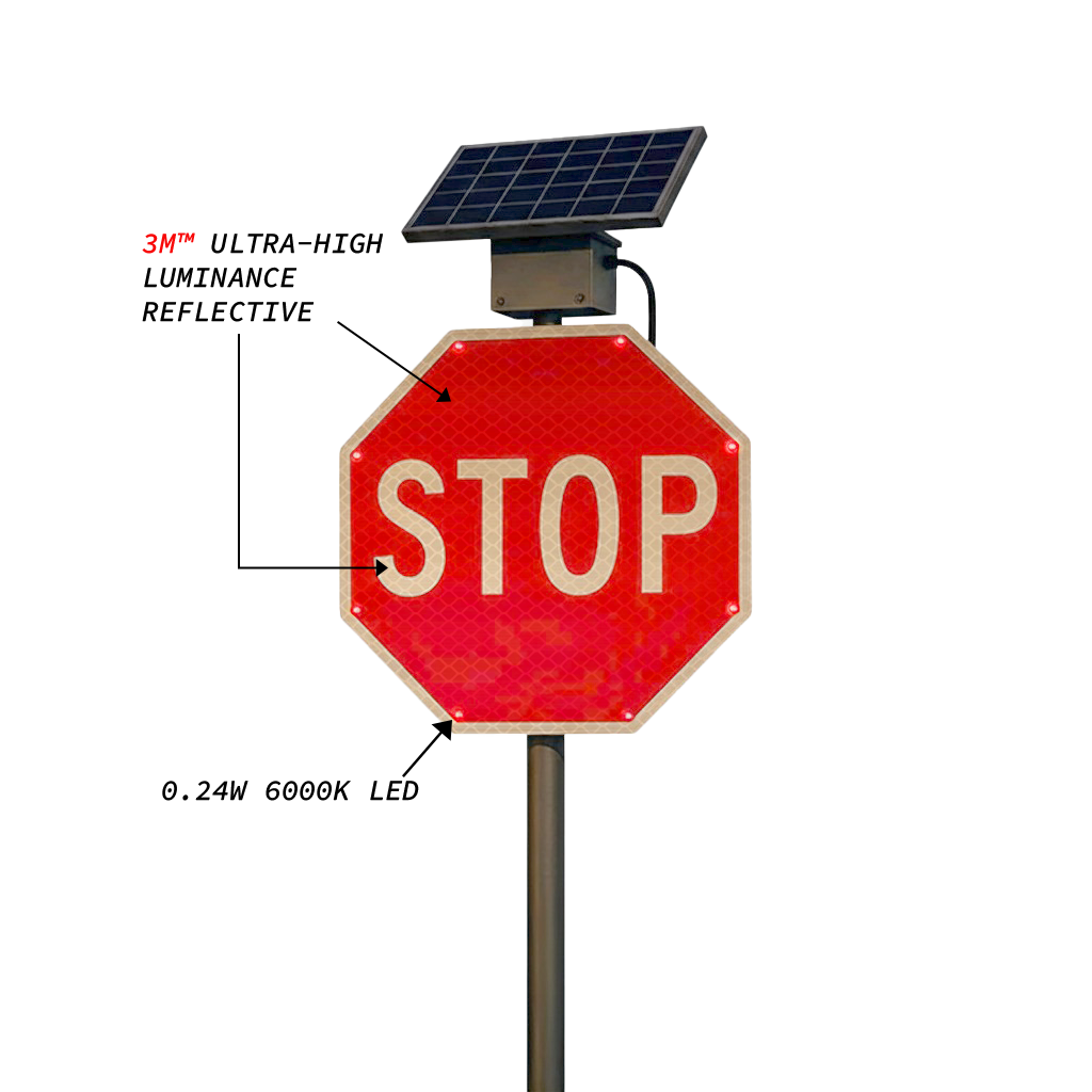 Solar-powered LED “STOP” sign with 3M ultra-high luminance reflective surface, featuring bright red illumination and energy-efficient design for maximum visibility and road safety.