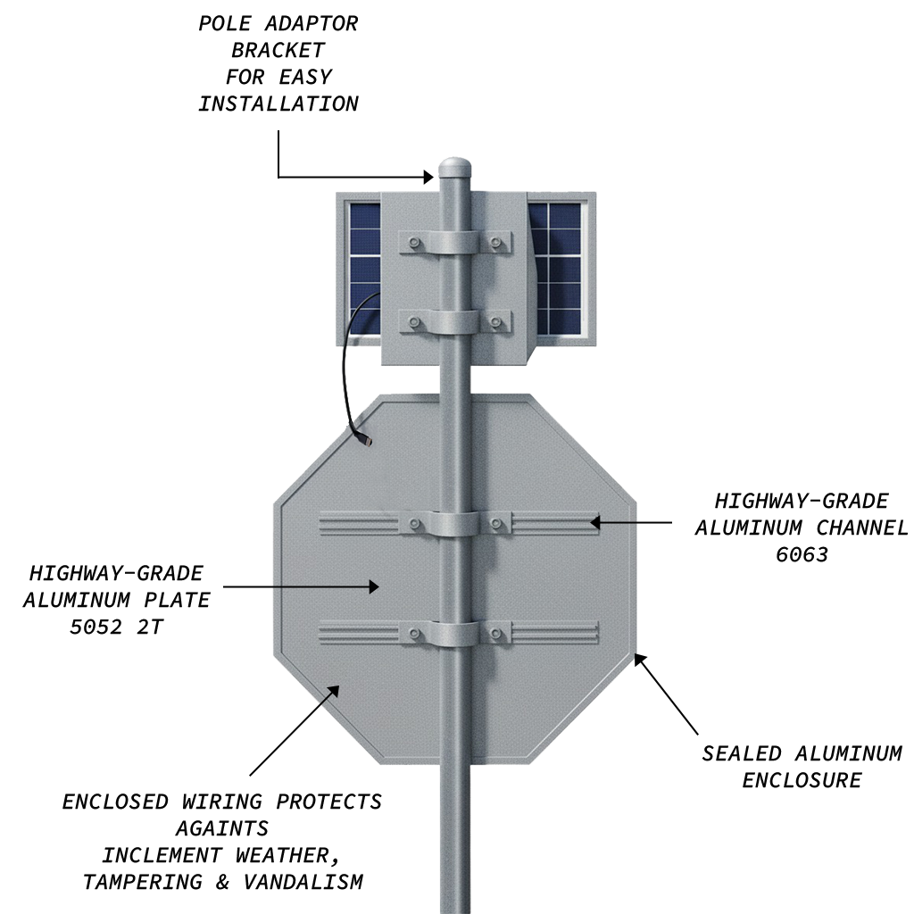 Rear view of a solar-powered LED traffic sign showcasing its durable construction, including a sealed aluminum enclosure, pole adaptor bracket, and enclosed wiring designed for weather resistance and easy installation.