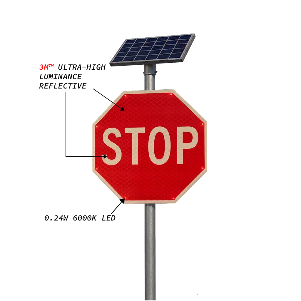 Solar-powered LED “STOP” sign with 3M ultra-high luminance reflective surface, featuring bright red illumination and energy-efficient design for maximum visibility and road safety.
