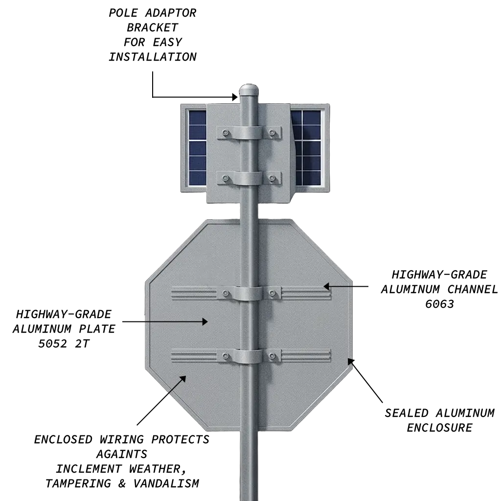 Rear view of a solar-powered LED traffic sign showcasing its durable construction, including a sealed aluminum enclosure, pole adaptor bracket, and enclosed wiring designed for weather resistance and easy installation.
