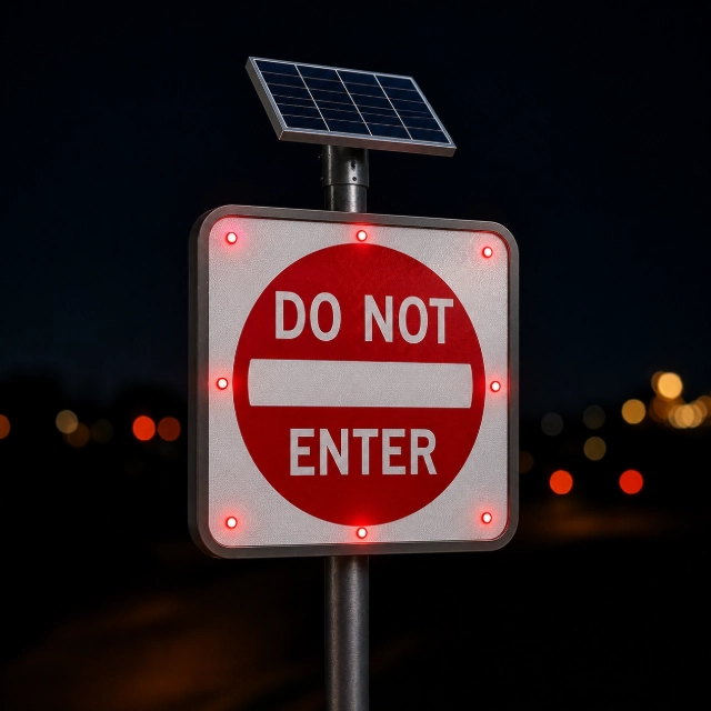 Solar-powered LED “Do Not Enter” traffic sign illuminated at night, featuring bright red backlit LEDs and a durable reflective design for high visibility and improved roadway safety.