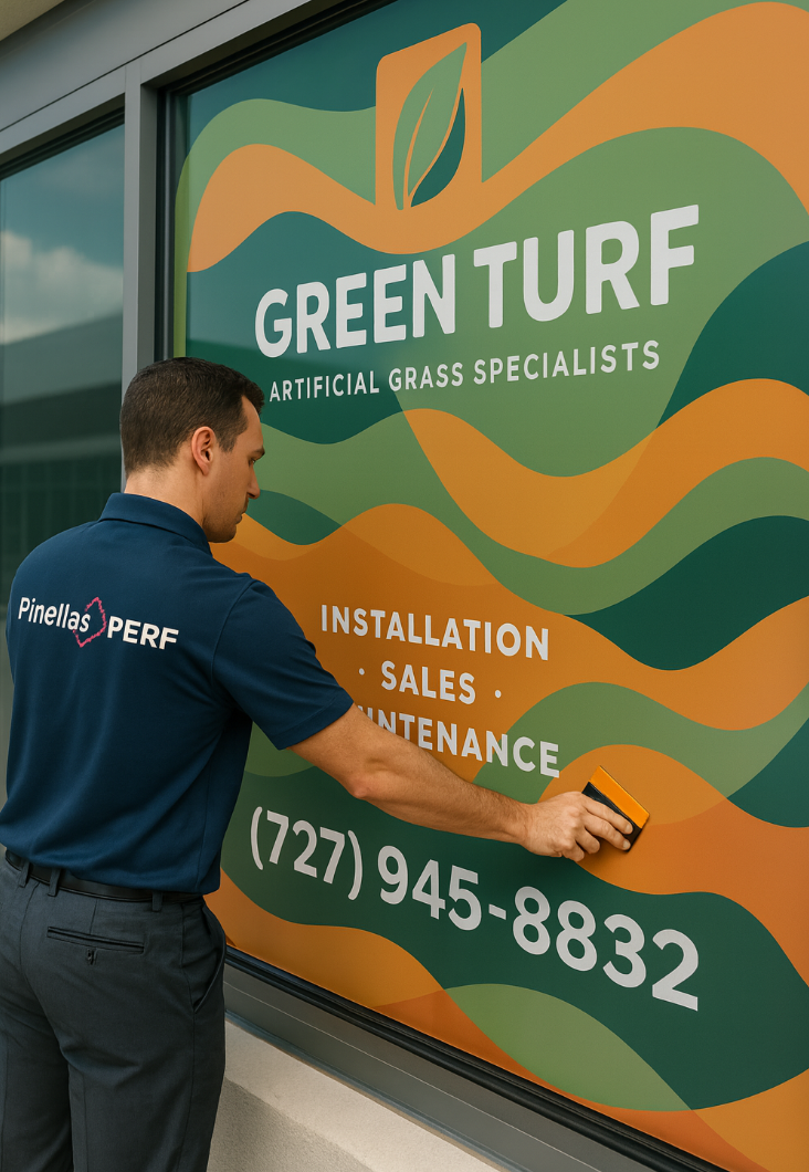 A window perforation storefront display showing a graphic-adorned window transforming it into an attention-grabbing billboard