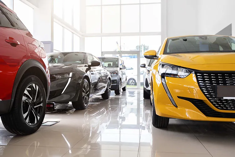 Row of new cars displayed inside a bright dealership showroom, including a yellow car in the foreground, with red, gray, and white vehicles parked alongside.