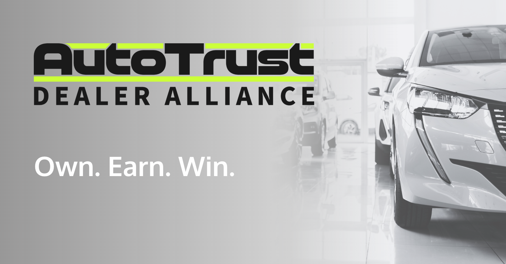 AutoTrust Dealer Alliance logo, tagline and car in car dealership
