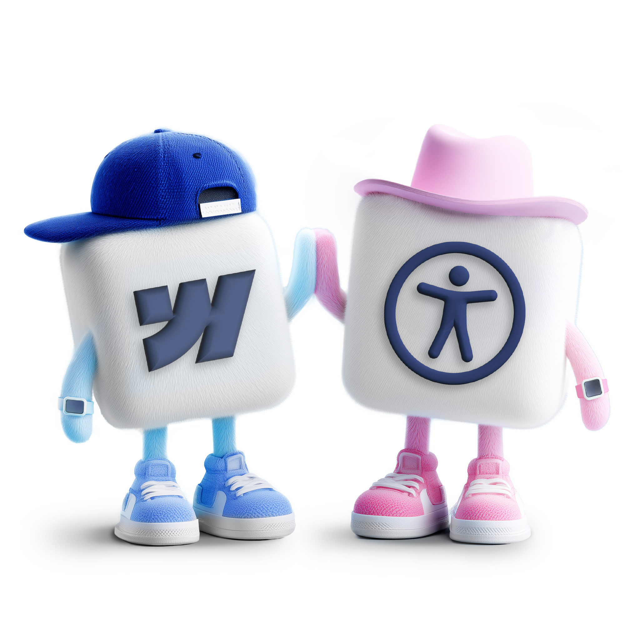 Webflow male character with backwards baseball cap high fiving with Accessibility character with pink cowgirl hat.