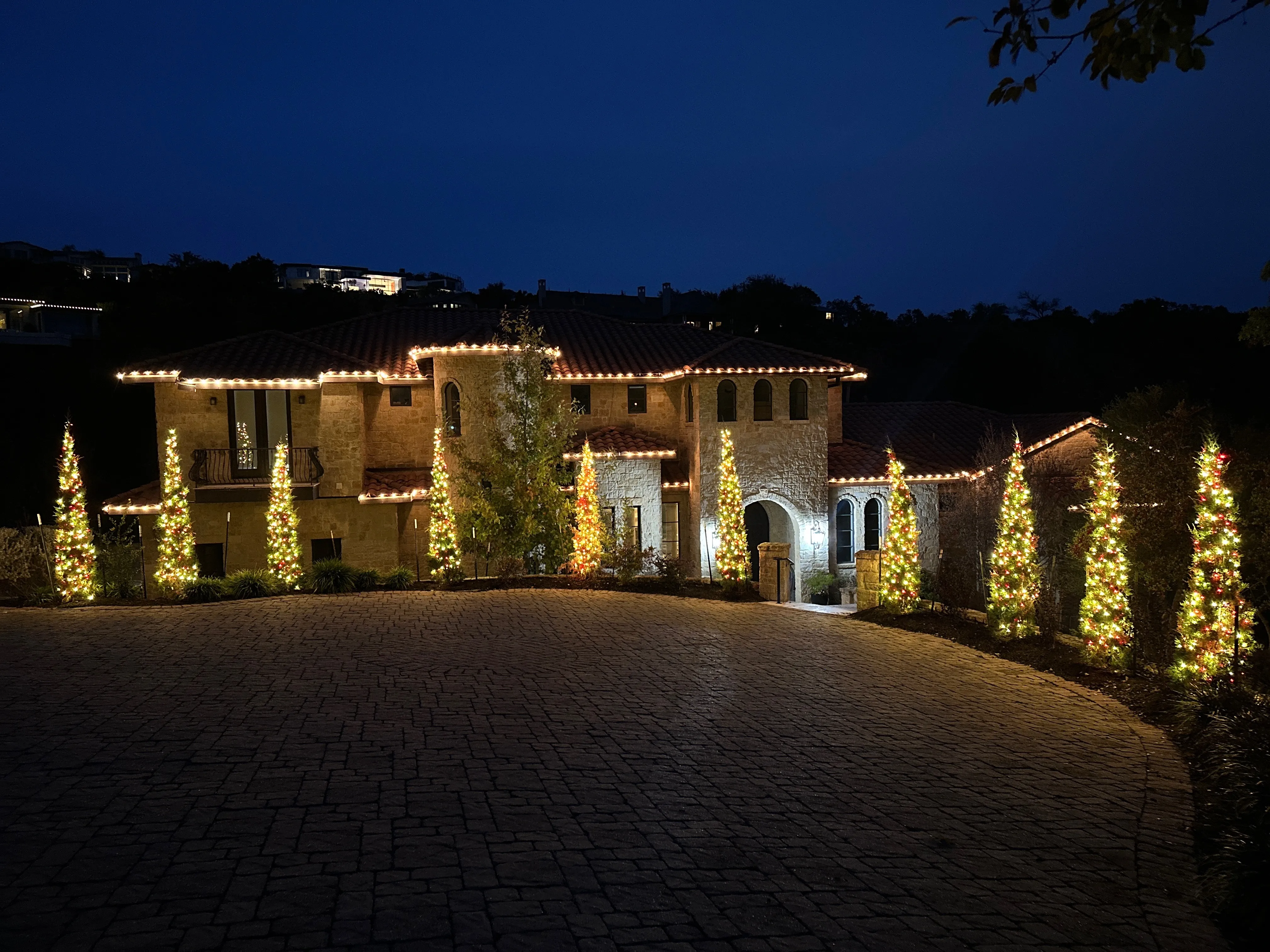 A house with decorated lights and trees.
