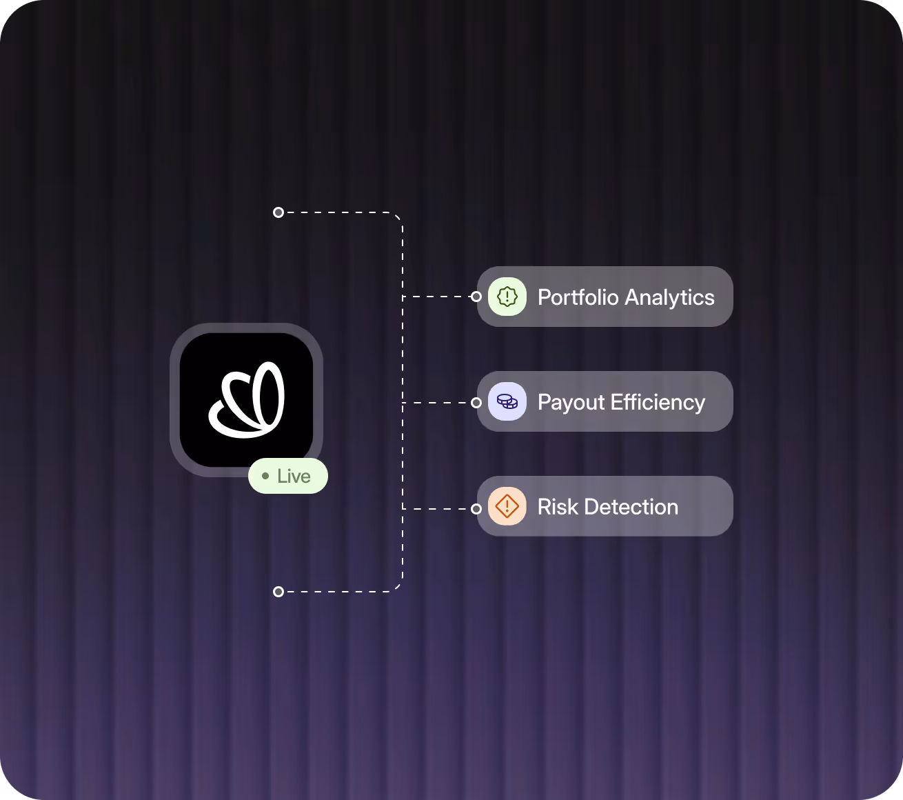 Diagram showing an app icon labeled 'Live' linked by dashed lines to three features: Portfolio Analytics, Payout Efficiency, and Risk Detection, each with a corresponding colored icon.