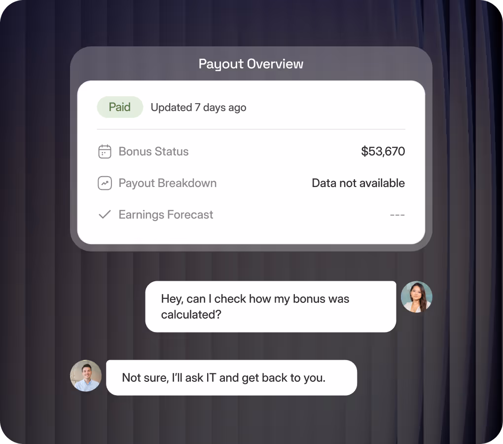 Payout overview card showing bonus status as $53,670 paid, payout breakdown data unavailable, and earnings forecast empty, with a chat between two people about bonus calculation.
