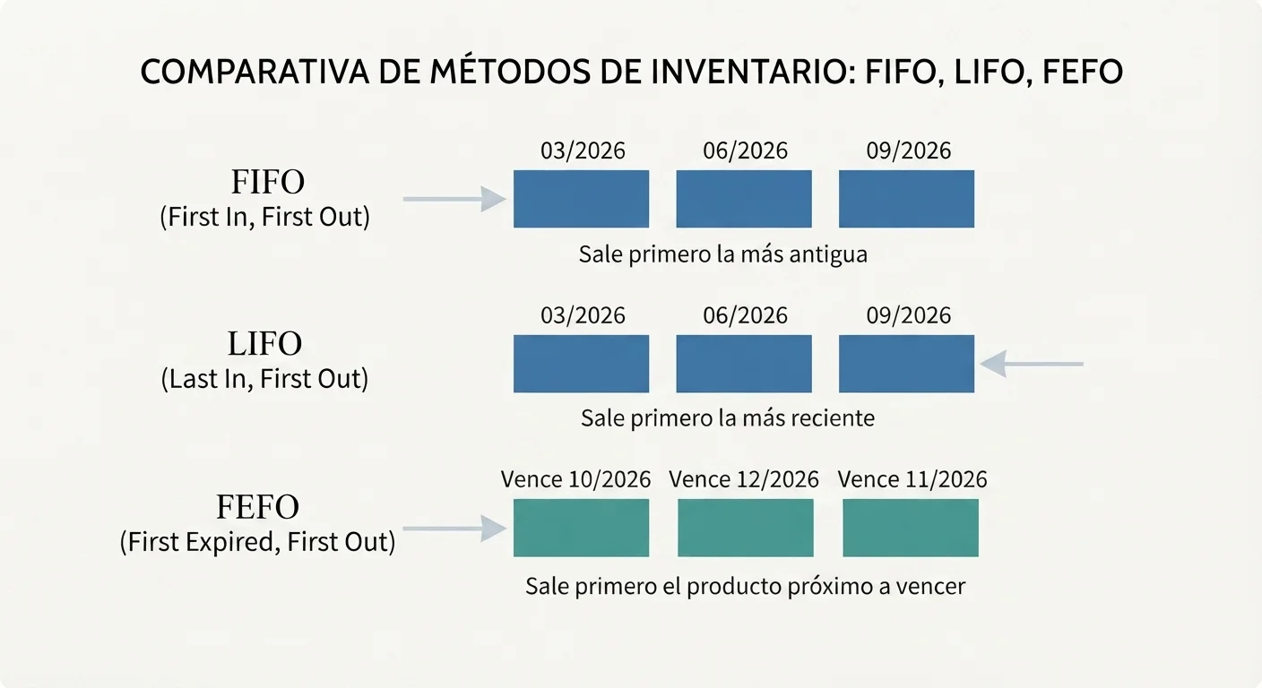 Infografía comparativa minimalista que muestra el funcionamiento de los métodos de inventario FIFO (sale primero la mercancía más antigua del 03/2026), LIFO (sale primero la más reciente del 09/2026) y FEFO (sale primero el producto próximo a vencer en 10/2026).
