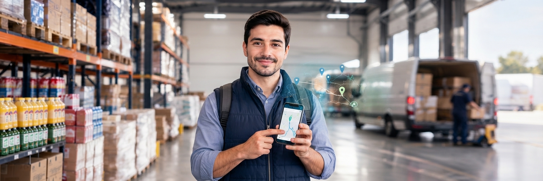 vendedor con su app de optimización de rutas de mobilvendor