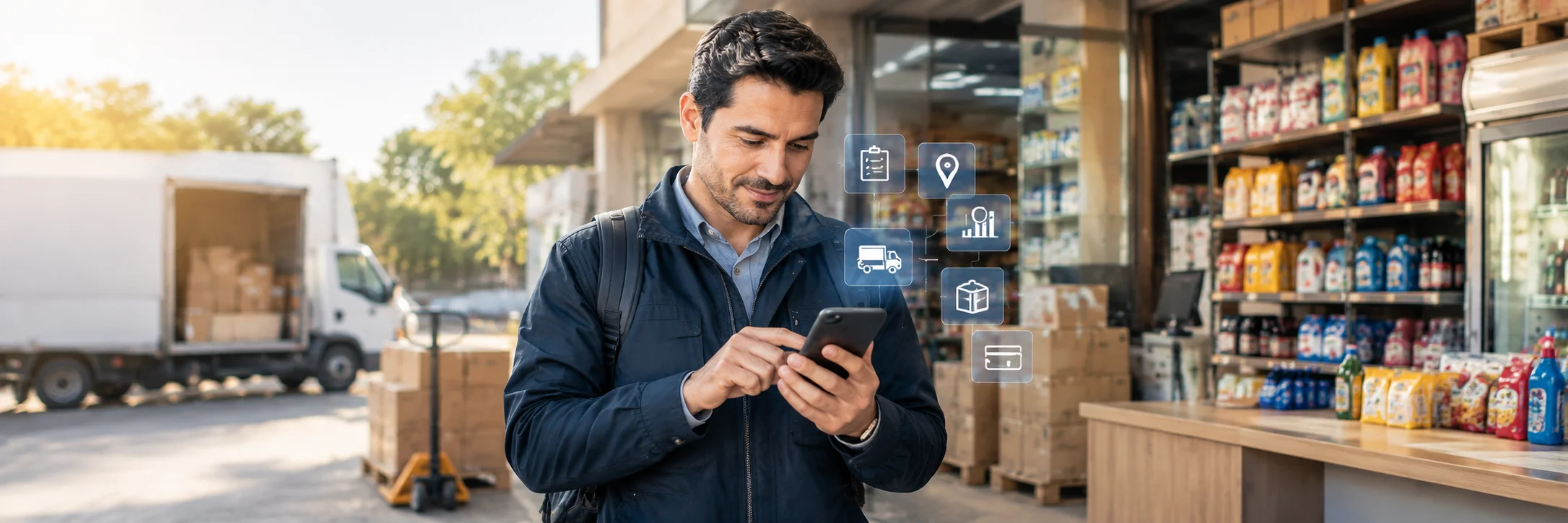 Persona trabajando en una dostrobuidora utilizando app móvil 