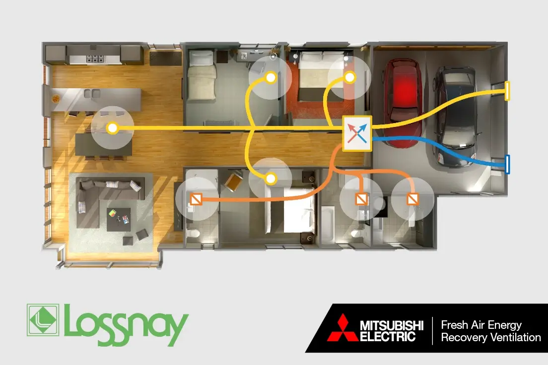 A diagram showing the installation concept for a Lossnay fresh air ventilation system