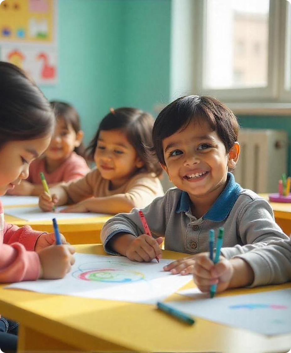Indian preschool kids joyfully exploring a colorful 3D infographic of multiple intelligences in a creative learning space.