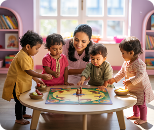 Children practicing sharing teamwork and gratitude during a preschool cafe activity