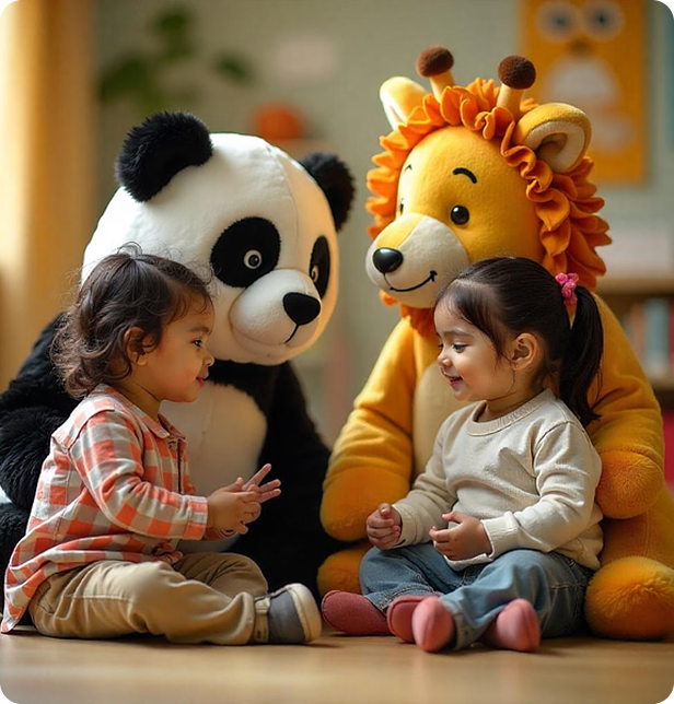Preschool children interacting with colorful mascots representing creativity logic values and playful learning
