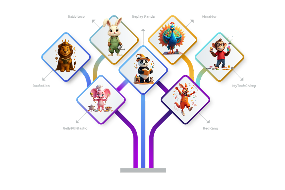 Preschool children surrounded by 3D mascots representing creativity and learning